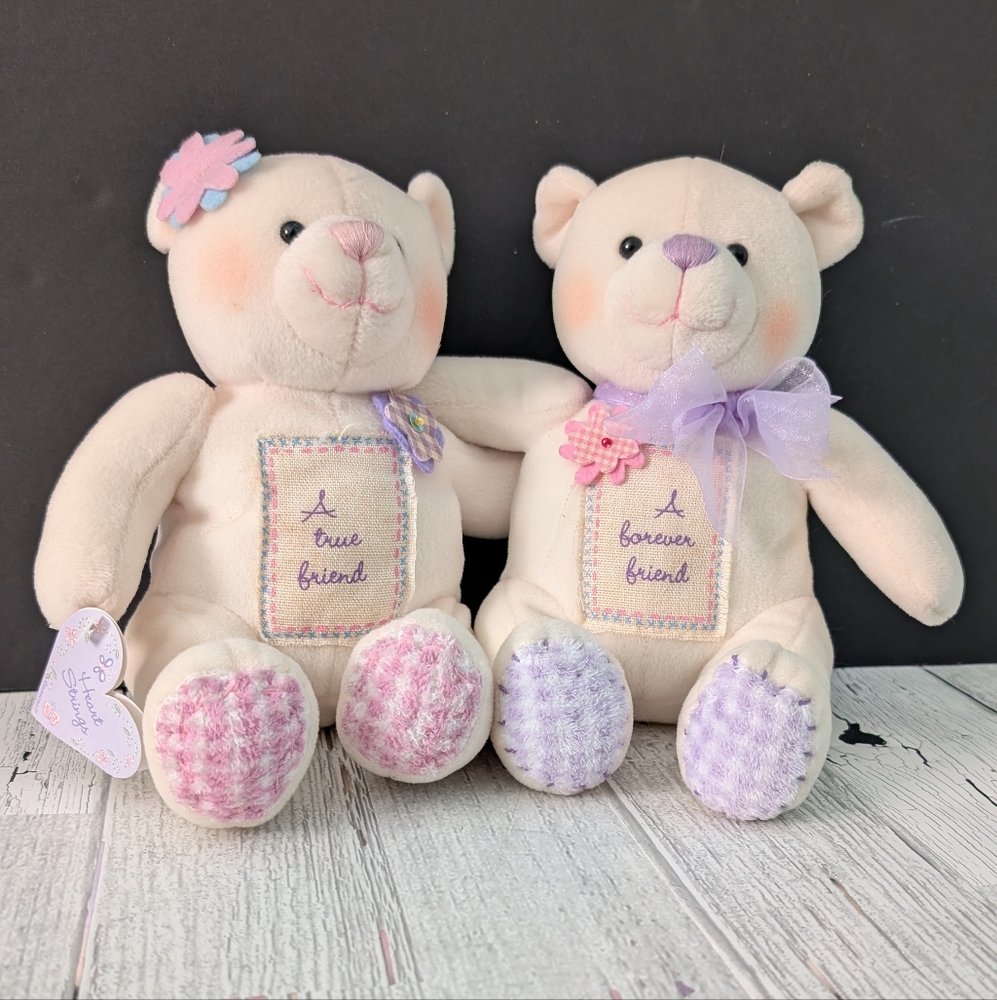 Plush Teddy Bear Set - Cream with Pink and Purple Accents